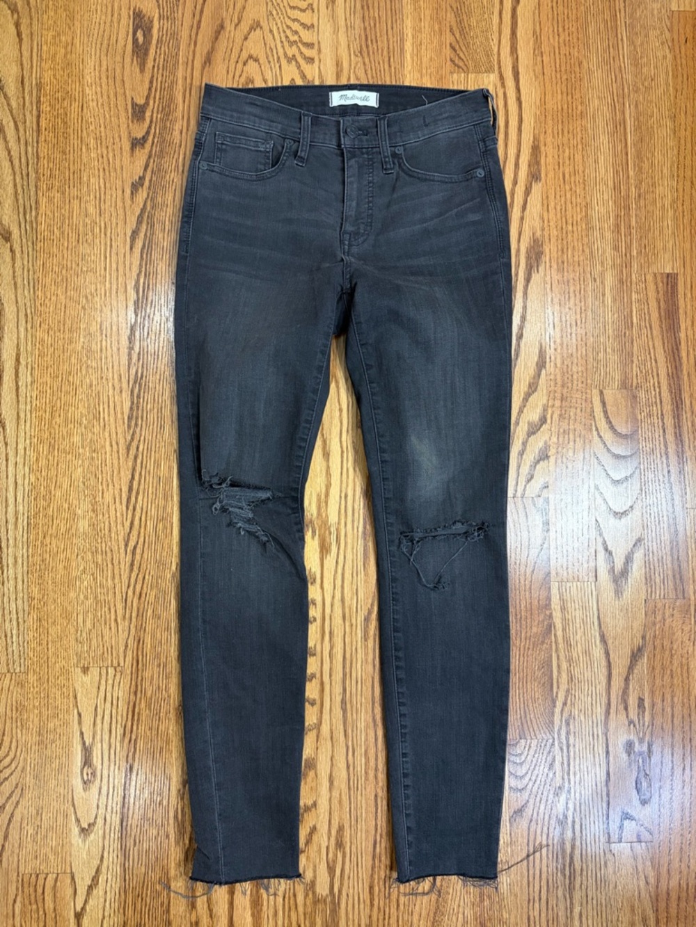 Madewell 9" High-Rise Black Sea Skinny Jeans with Distressed Knees Raw Hem sz 27 - Picture 4 of 13